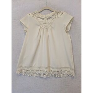 DE COLLECTION Cream Lace‎ Trim Cap Sleeve Blouse Top Women's XS